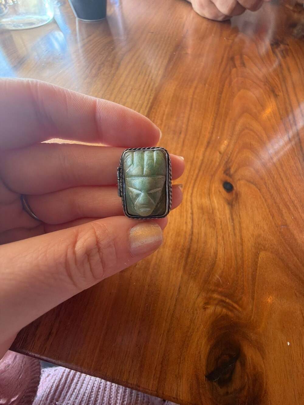 Vintage Mexican Sterling Silver Carved Jade Warrior Face Poison Ring